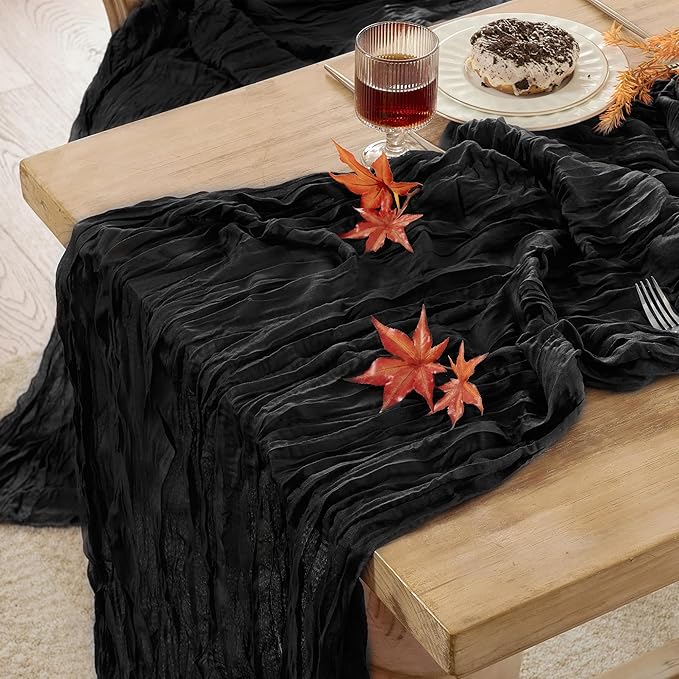 12 Pack Cheesecloth Table Runner 120 Inch Boho Rustic Gauze 10 FT Black Cheese Cloths Table Runners Decorations for Halloween Birthday Party Baby Shower Wedding Holiday Home Decor