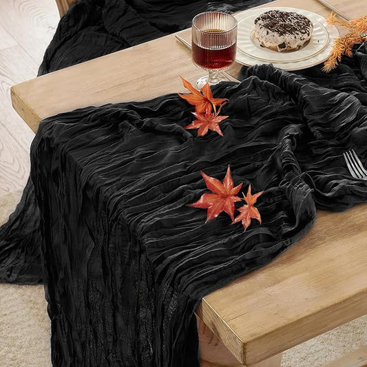 12 Pack Cheesecloth Table Runner 120 Inch Boho Rustic Gauze 10 FT Black Cheese Cloths Table Runners Decorations for Halloween Birthday Party Baby Shower Wedding Holiday Home Decor