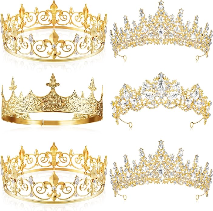 Juexica 6 Pieces Prom King Crown Metal Baroque King and Queen Prince Princess Crystal Headband Tiara Crown Wedding Bridal Accessories for Women Men