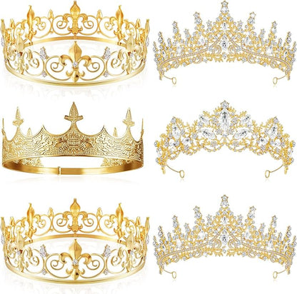 Juexica 6 Pieces Prom King Crown Metal Baroque King and Queen Prince Princess Crystal Headband Tiara Crown Wedding Bridal Accessories for Women Men