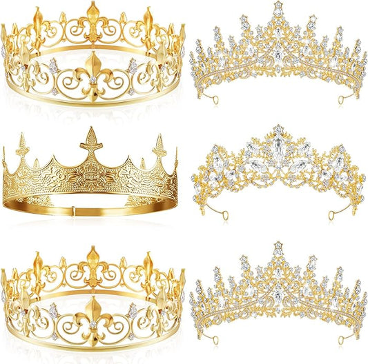 Juexica 6 Pieces Prom King Crown Metal Baroque King and Queen Prince Princess Crystal Headband Tiara Crown Wedding Bridal Accessories for Women Men