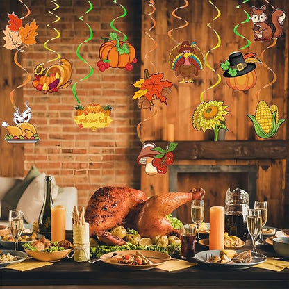 Fall Thanksgiving Hanging Swirls Decoration Autumn Harvest Hanging Foil Swirls Ceiling Decor for Thanksgiving Party Supplies Pumpkin Maple Leaf Turkey Ceiling Hanging 12Pcs