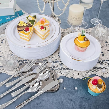 WELLIFE 300 PCS Silver Dinnerware Set for 50 Guests, Silver Plastic Disposable Plates for Party, 50 Dinner Plates, 50 Salad Plates, 50 Cups Forks Knives Spoons for Wedding and Party Anniversary