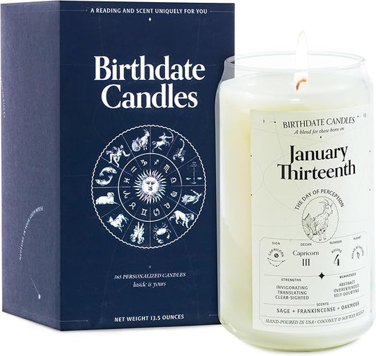 Birthdate Candles, January 13 - Capricorn Zodiac Scented Candles Birthday Gift - Sage, Frankincense & Oakmoss Scent - All-Natural Soy & Coconut Wax, 60-80 Hour Burn Time - Made in USA
