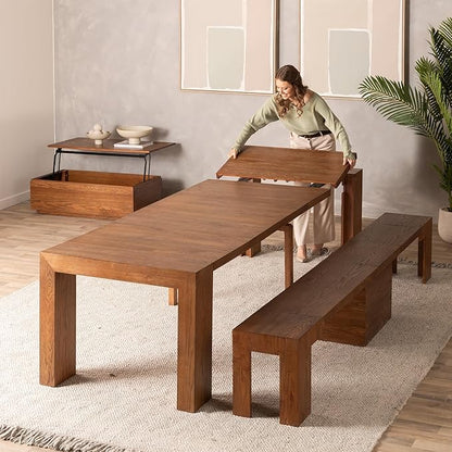 Transformer Table - Solid Wood Extendable Dining Table, Seats 2-12, Expandable Dining Room Table, Space-Saving Furniture, Kitchen and Dining Room Furniture (Brown, Table + Bench + Coffee Table)
