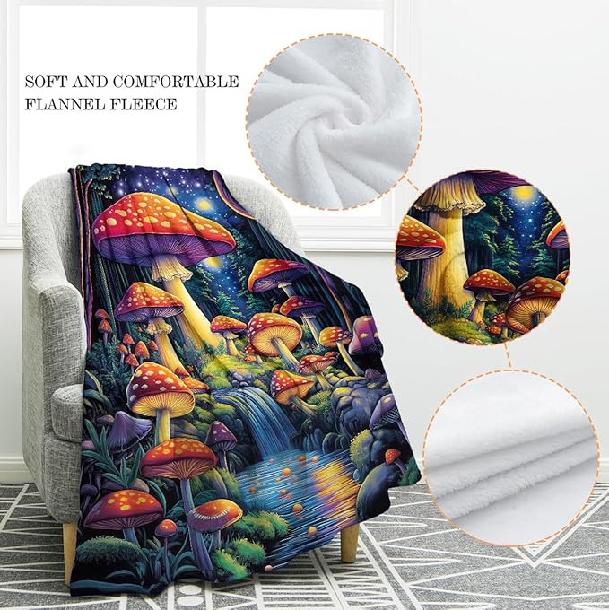 Jekeno Colorful Mushroom Forest Blanket Gifts for Women Kids Girls Boys Mom Wife Female Friends Halloween Birthday Fantasy Starry Sky Stream Home Bedroom Room Decor Throw 60"x80"