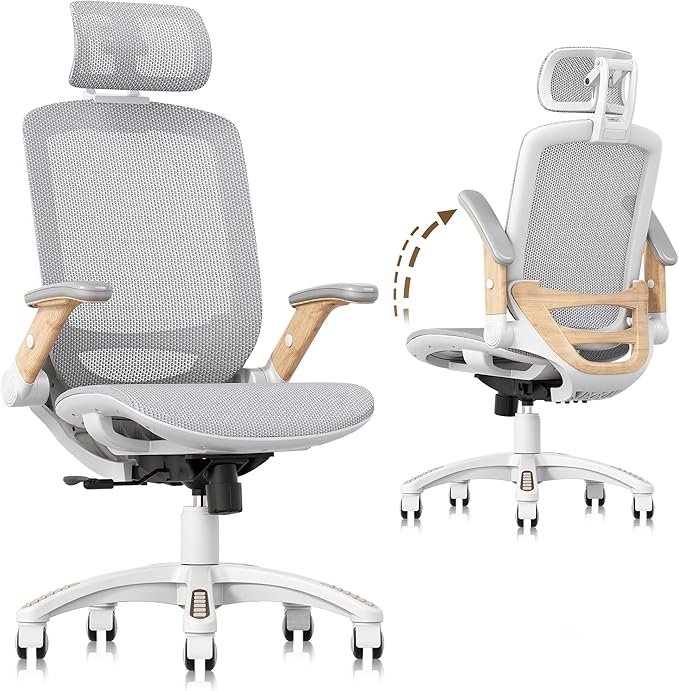GABRYLLY Ergonomic Office Chair, High Back Home Desk Chair with Flip-Up Arms, Headrest, 90-120° Tilt and Wide Cushion, 300LBS White Mesh Chair for Work Gaming Study (GY01-NT, Woodgrain Pattern)