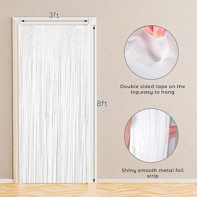 BTSD-home White Foil Fringe Curtain, Metallic Photo Booth Backdrop Tinsel Door Curtains for Wedding Birthday Bridal Shower Baby Shower Bachelorette Christmas Party Decorations(4 Pack, 12ft x 8ft)