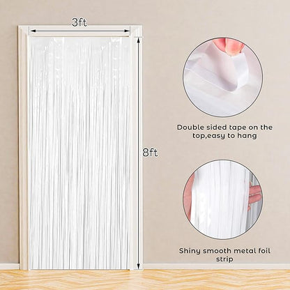 BTSD-home White Foil Fringe Curtain, Metallic Photo Booth Backdrop Tinsel Door Curtains for Wedding Birthday Bridal Shower Baby Shower Bachelorette Christmas Party Decorations(4 Pack, 12ft x 8ft)