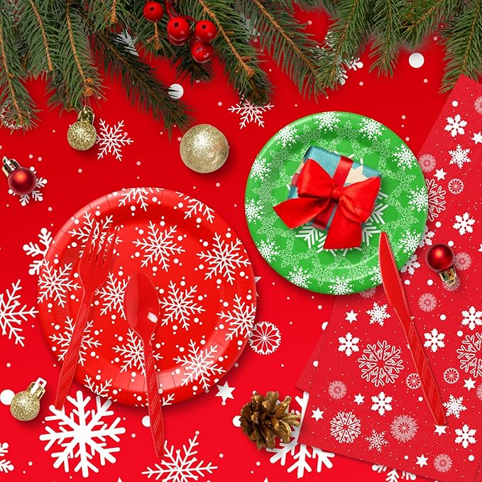 Christmas Party Supplies Tableware Set Serves 25, Winter Christmas Decorations Xmas Theme Paper Plates Cup Napkins Snowflake Tablecloth Red Plastic Cutlery