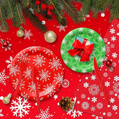 Christmas Party Supplies Tableware Set Serves 25, Winter Christmas Decorations Xmas Theme Paper Plates Cup Napkins Snowflake Tablecloth Red Plastic Cutlery