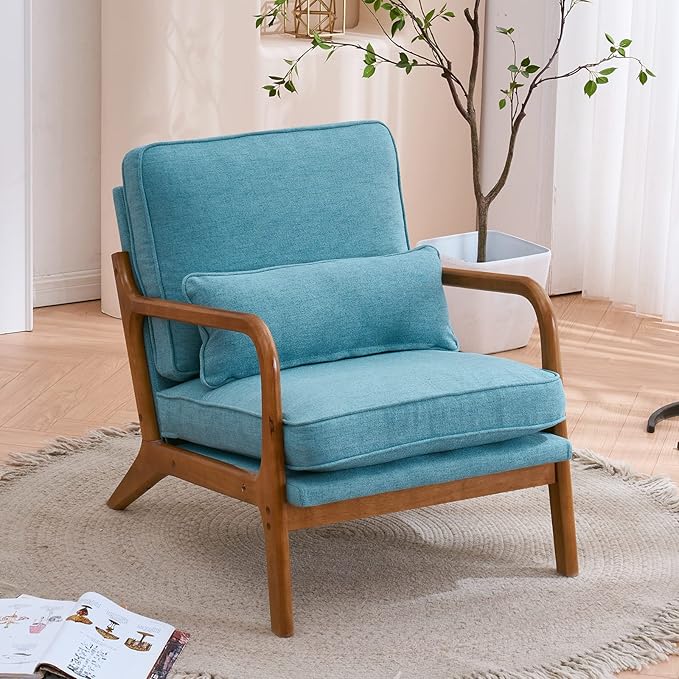 Bonnlo Teal Accent Chairs Set of 2, Upholstered Mid Century Modern Lounge Chairs Reading Chairs Side Sitting Chair Solid Wood Farmhouse Armchairs for Living Room, Bedroom, Guest Room