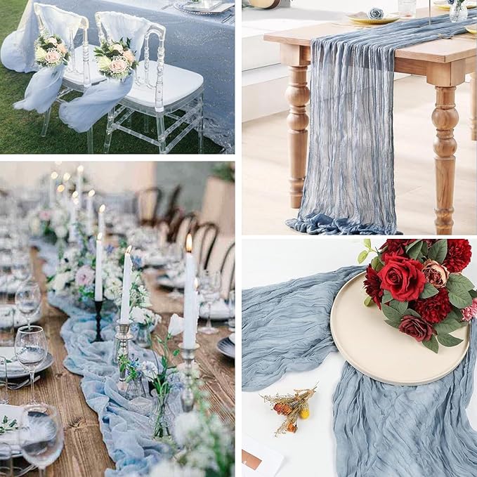 3 Pack Dusty Blue Cheesecloth Table Runner, 35inch Boho Gauze Table Runner 120 inches Long Farmhouse Rustic Sheer Cheese Cloth Fabric Bulk for Baby Shower Wedding Bridal Birthday Party Decor