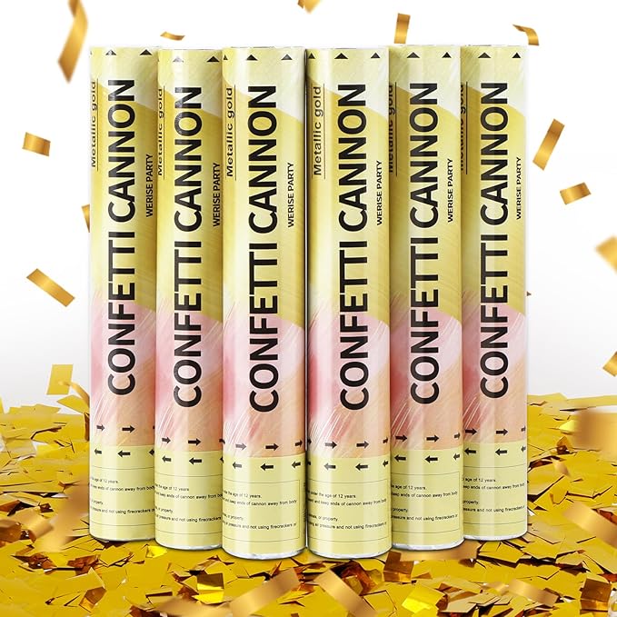 Gold Confetti Poppers Cannon, 6 Pack WERISE Party Gold Mylar Party Poppers Shooters for Birthday, Wedding, Graduation New Year Celebration 12 Inch