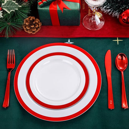 I00000 60PCS Red Plastic Plates White and Red Party Plates Disposable Christmas Plastic Plate Set Include 30 Dinner Plates, 30 Dessert Plates, Fancy Plates Perfect for Christmas Parties