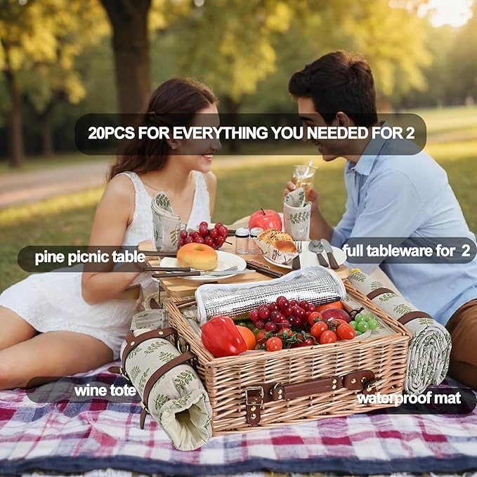 Multifunctional Wicker Picnic Basket Set for 2 with Blanket and Picnic Table, Insulated Picnic Set with Full Tablewares for Camping Outdoor Couples,Leaf