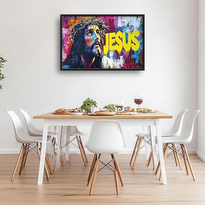 Banksy Jesus Large Wall Art Graffiti Framed Wall Decor for Living Room Pop Street Pictures Oversized Canvas Print Painting Modern Extra Large Framed Artwork for Bedroom Office 36"x24"