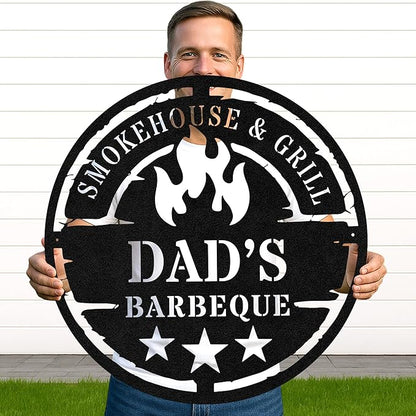 Custom BBQ Kitchen Metal Sign, Personalized Grill Name Cut Wall Decor for Outdoor Cooking Space, Rustic Backyard Gift