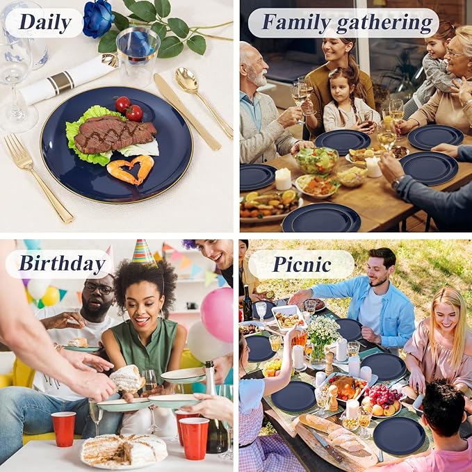 KIRE 350Pcs Blue and Gold Plates -Heavy Duty Navy Blue Dinnerware Set - 100 Plastic Plates 50 Pre Rolled Napkins with Gold Plastic Silverware 50 Cups for Upscale Hanukkah/Birthday/Wedding/Parties