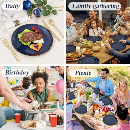 KIRE 350Pcs Blue and Gold Plates -Heavy Duty Navy Blue Dinnerware Set - 100 Plastic Plates 50 Pre Rolled Napkins with Gold Plastic Silverware 50 Cups for Upscale Hanukkah/Birthday/Wedding/Parties