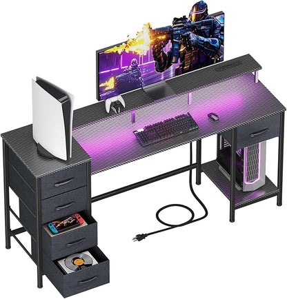 55 Inch Gaming Desk with Power Outlets and LED Lights, Reversible Computer Desk with 5 Fabric Storage Drawers, Home Office Desk with Monitor Stand for Working Writing Study, Carbon Fiber Black