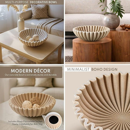 12" Extra Large Decorative Bowl – Modern Handmade Bowls for Home Decor, Decorative Fruit Bowl for Kitchen Counter, Ruffle Decor, Stylish Key Bowl for Entryway Table, Beige Artificial Stone