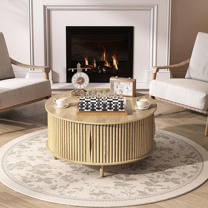 Round Coffee Table with Storage, 31.5" Natural Oak Fluted Center Table with Sliding Door, Modern Circle Drum Table for Living Room, Scandi Wood Furniture for Small Spaces