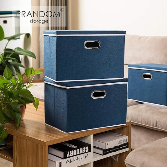 PRANDOM Extra Large Collapsible Storage Bins with Lids [5-Pack] Linen Fabric Foldable Storage Baskets Boxes Organizer Containers Cube with Cover for Bedroom Closet Office Nursery (22.8x15.75x13.8)