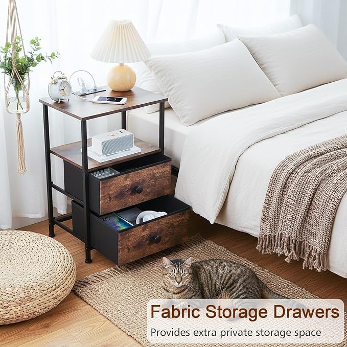 Night Stand Set 2, LED Nightstand with Charging Station, End Tables with Storage Shelf, Bedside Table with 2 Fabric Drawers for Bedroom, Small Spaces, Rustic Brown HETS02PBR