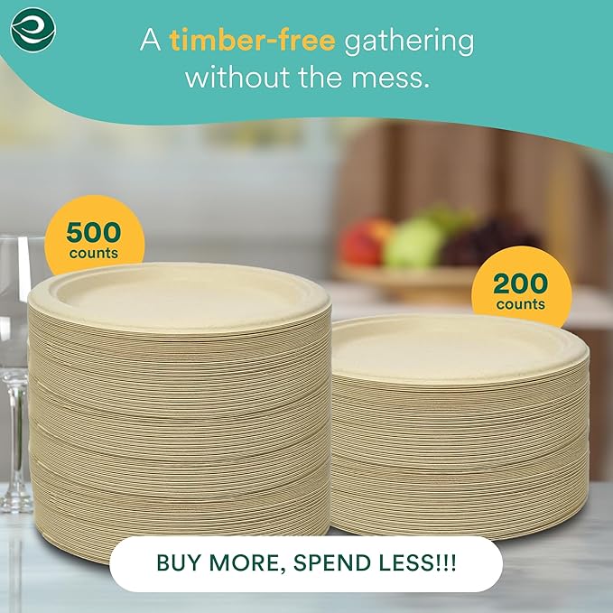 ECO SOUL 100% Compostable Paper Plates 10 Inch [500-Pack] Biodegradable Heavy Duty Eco-Friendly Disposable Plates for Thanksgiving Dinner, Parties, Wedding & Event