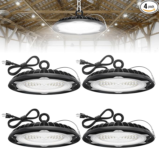 HYPERLITE High Bay LED Lights: 4-Pack 200W UFO LED Light with Plug & Play Plug - 5000K IP65 Waterproof Shatterproof Lighting Fixture