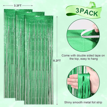 3 Pack 3.3 x 8.2 ft Laser Green Foil Fringe Backdrop Curtains, Tinsel Streamers Birthday Party Decorations, Fringe Backdrop for Graduation, Baby Shower, Gender Reveal, Disco Party
