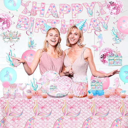 175PCS Mermaid Party Decorations, Mermaid Theme Party Supplies Plates and Napkins Set, Tableware,Banner, Hanging Swirls, Tablecloth, Balloon,Cake Cupcake Topper,Honeycomb Centerpiece Baby Shower