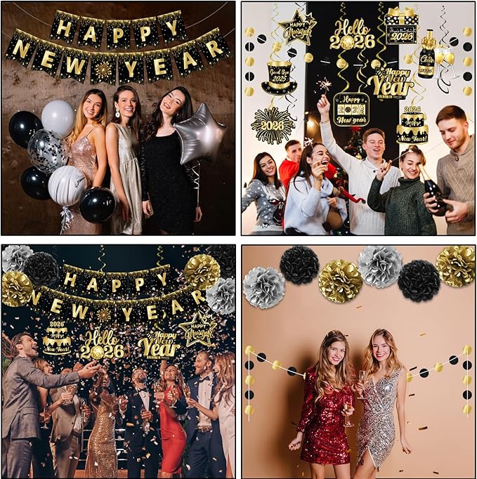 2026 New Years Decorations, NYE Party Supplies includes Happy New Year Banner Hanging Swirls and Black and Gold Tissue Pom Poms, New Year Hanging Swirls for Indoor Outdoor Classroom Office