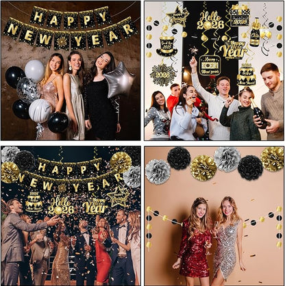 2026 New Years Decorations, NYE Party Supplies includes Happy New Year Banner Hanging Swirls and Black and Gold Tissue Pom Poms, New Year Hanging Swirls for Indoor Outdoor Classroom Office