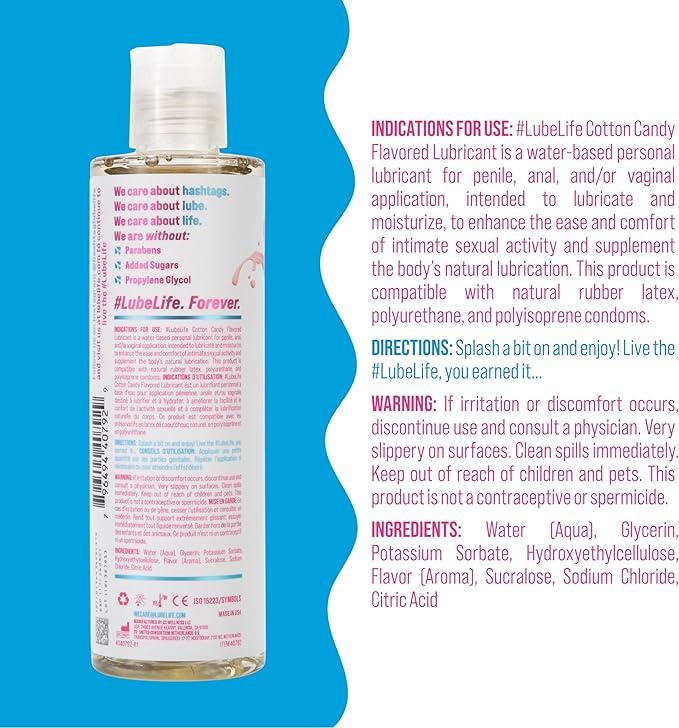 LubeLife Water-Based Cotton Candy Flavored Lubricant, Personal Lube for Men, Women and Couples, Made Without Added Sugar, 8 Fl Oz