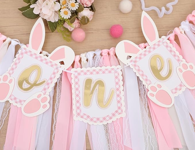 Pink Bunny One High Chair Banner - Some Bunny Is One Banner, Easter Bunny 1st Birthday Highchair Banner, Bunny Princess 1st Birthday Decorations, Pink Ribbon High Chair Garland (Bunny Banner One)