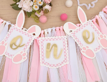 Pink Bunny One High Chair Banner - Some Bunny Is One Banner, Easter Bunny 1st Birthday Highchair Banner, Bunny Princess 1st Birthday Decorations, Pink Ribbon High Chair Garland (Bunny Banner One)