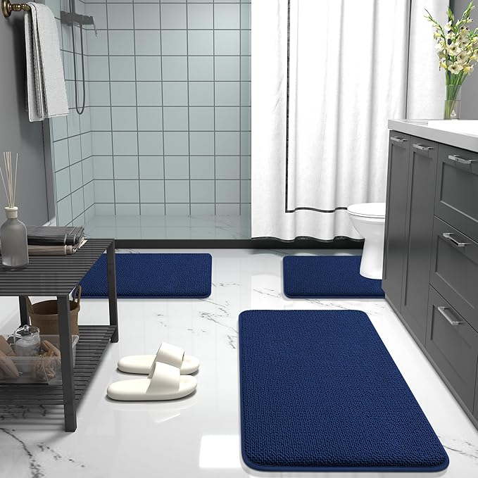 OLANLY Thick Memory Foam Bath Mat Rug 35x24, Extra Soft Absorbent Bathroom Rug, Quick Dry Bath Mats, Non-Slip, Machine Washable Carpet for Bathroom, Tub and Shower, Home Decor Accessories, Navy