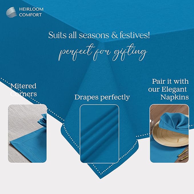 Turquoise Blue Tablecloth, Table Cover 60x86 Inch, 100% Cotton, Fits 6-8 Seats, Durable, Washable, Wrinkle Resistant, Rectangle Table Cloth for Dining, Party, Events, Outdoor Use
