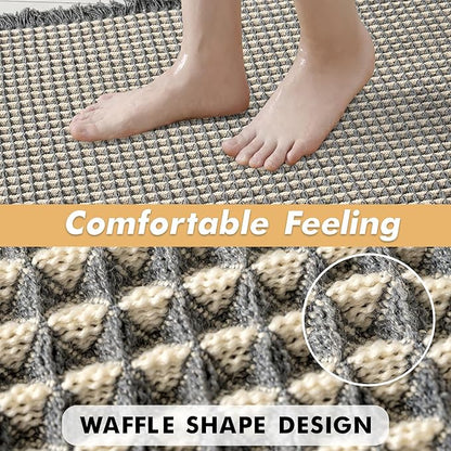 MIULEE Set of 2 Waffle Bathroom Runner Rugs, Boho Bath Rug Non Slip Washable, Super Absorbent Runner Bath Mats, Rubber Backed, Ideal for Hallway Laundry Room, Dark Grey & Yellow, 2'x5'(24x60 Inch)