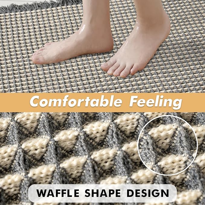 MIULEE Set of 2 Waffle Bathroom Rugs, Boho Bath Rugs Non Slip Washable, Super Absorbent Bath Mats, Ultra Soft Rubber Backed Shower Mats for Bathroom Floor, Tub, Dark Grey & Yellow, 20x32 Inch