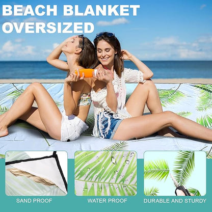 Beach Blanket Waterproof Sandproof beach mat 79" X 118" portable Quick Drying large essentials pincic mat for 2-8 adults have 4 Stakes & 4 Corner Pockets for camping outdoor travel(Hawai Leaves）