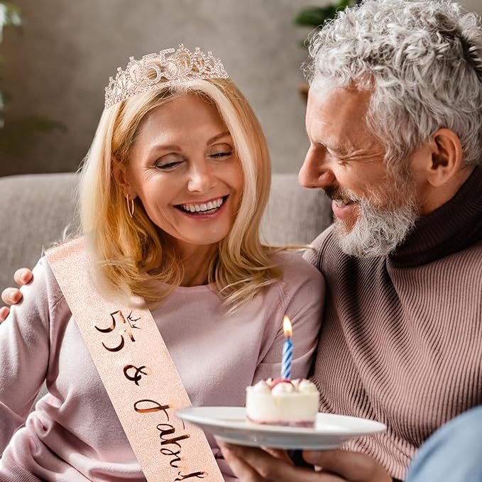 CIEHER 55th Birthday Crown & Sash Set - Pearl Pin Tiara, Fabulous 55th Birthday Decorations for Women