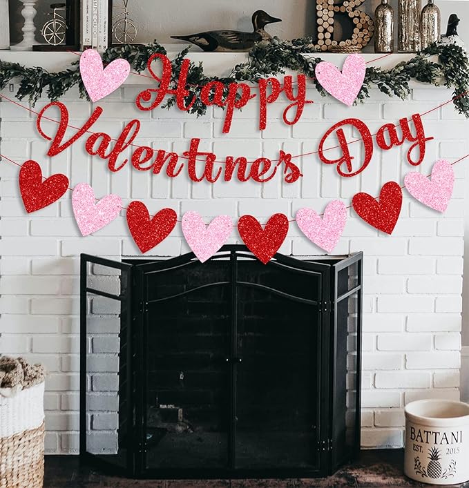 CAVLA Red Glittery Happy Valentine's Day Banner and Red Pink Glittery Hearts Banner Valentine's Day Banner Garland with Heart Signs Valentines Day Party Decorations for Valentines Wedding Anniversary Engagement Party Supplies