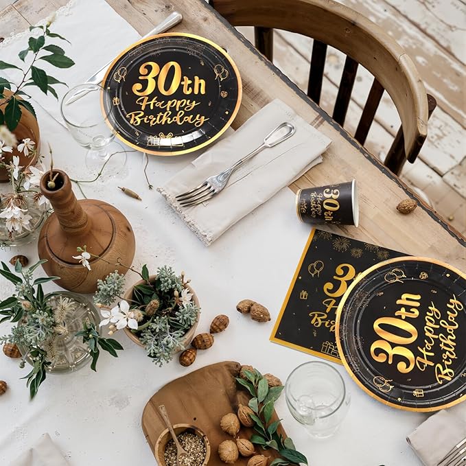 96pcs 30th Birthday Party Disposable Tableware Set for Men Women Black and Gold Paper Plates for 24 Guest Party Supplies （Include plates，cups and napkins）