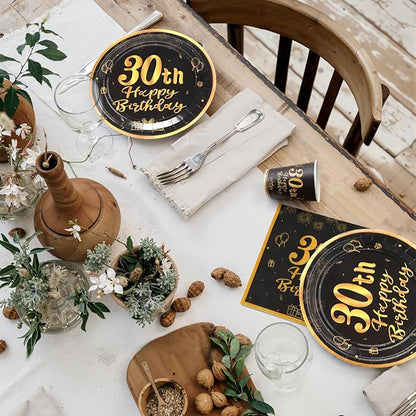 96pcs 30th Birthday Party Disposable Tableware Set for Men Women Black and Gold Paper Plates for 24 Guest Party Supplies （Include plates，cups and napkins）