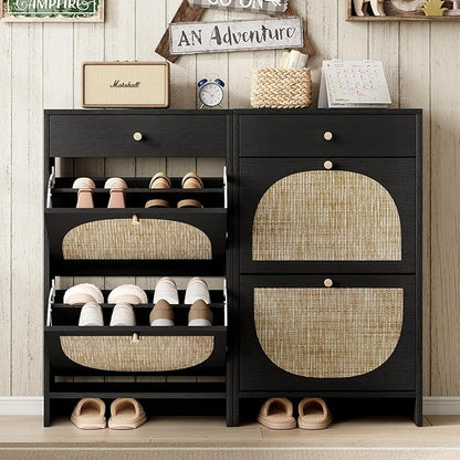 Nicetree Shoe Cabinet for Entryway, Slim Shoe Rack with 2 Flip Drawers and Top Storage Drawer, Narrow Shoe Organizer with Arched Rattan Accent, Entryway Shoe Storage for Size 12 Shoes, Black