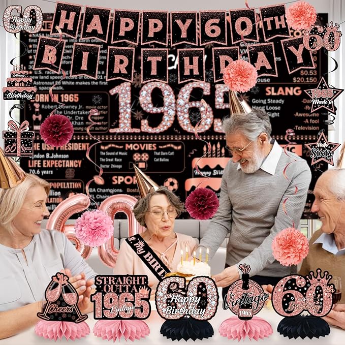 22pcs-60th birthday decorations, 1965 Banner Party Supplies, 60th Birthday Decorations for Women, Rose Gold 60 Year Old Birthday Backdrop,Vintage 60Birthday Honeycomb+Hanging Swirl+Paper Poms+Pump