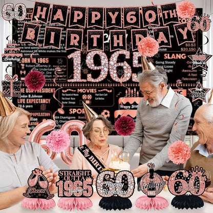 22pcs-60th birthday decorations, 1965 Banner Party Supplies, 60th Birthday Decorations for Women, Rose Gold 60 Year Old Birthday Backdrop,Vintage 60Birthday Honeycomb+Hanging Swirl+Paper Poms+Pump